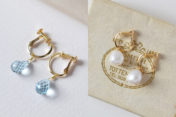 ブリオレットカットのブルートパーズ、淡水パールとトップパーツを交換することができるK18イエローゴールドイヤリングです。＊静岡県浜松市ジュエリープシュケー